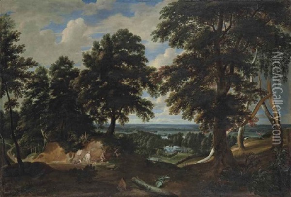 An Extensive Wooded Landscape, With The Conversion Of Saint Hubert In The Foreground Oil Painting - Jacques d' Arthois