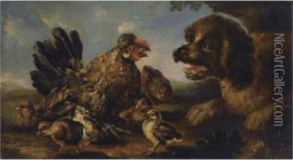 A Young Dog Barking At A Hen With Her Chicks Oil Painting - Angelo Maria Crivelli, Il Crivellone