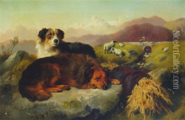 Sheepdogs Resting In A Mountainous Landscape Oil Painting - George William Horlor