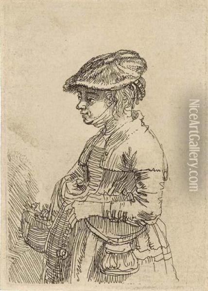 A Girl With A Basket Oil Painting - Rembrandt Van Rijn