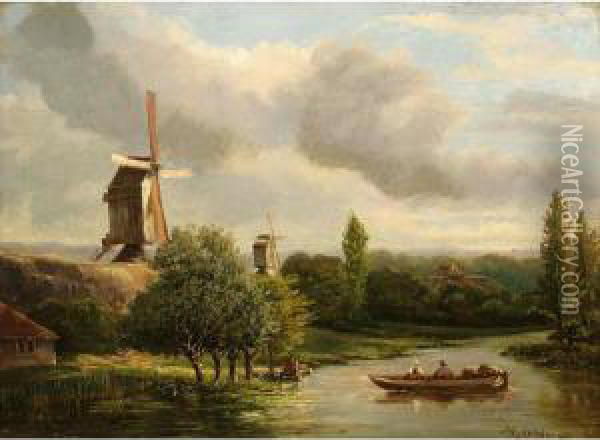 River Landscape With Figures In A Boat Oil Painting - Hermanus Jan Hendrik Rijkelijkhuijsen