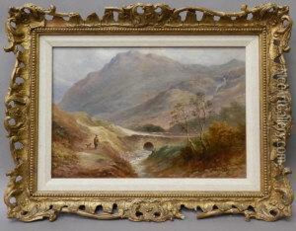 Man And His Dog Walking On A Mountainous Path By A Crag Oil Painting - William Ward Gill