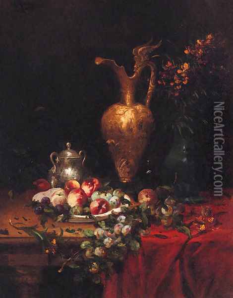 Plums and Apples on a Table Oil Painting - Alfred Rouby