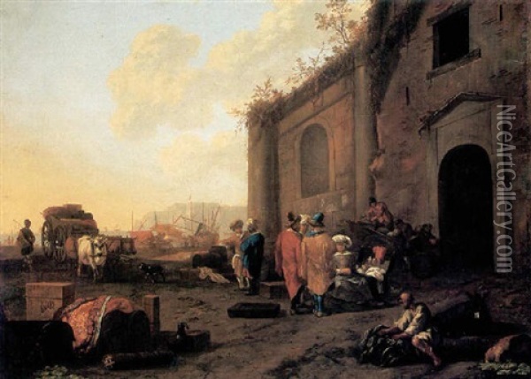 A Levantine Port Scene Oil Painting - Abraham Jansz. Begeyn