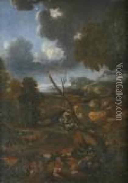 Venus Discovering The Slain Adonis In A Rockylandscape Oil Painting - Gaspard Dughet Poussin