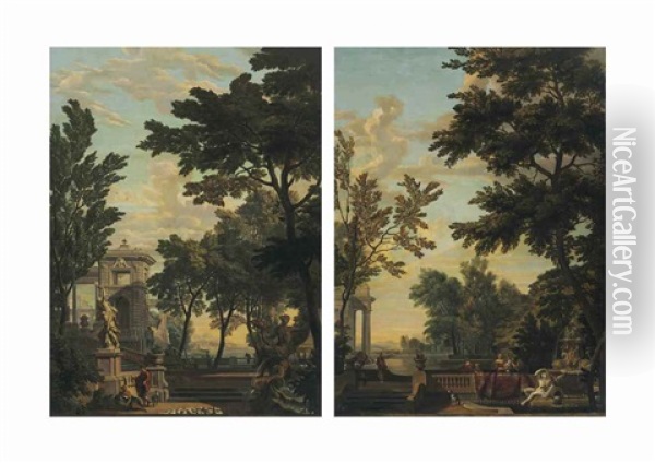 An Italianate Garden With Figures; And An Italianate Garden With Figures By A Fountain Oil Painting - Isaac de Moucheron