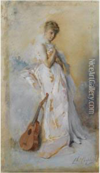 A Lady With A Guitar Oil Painting - Charles Josua Chaplin