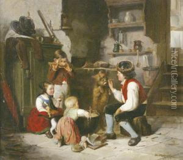 Kinder Am Suppenkessel. Oil Painting - William Mulready