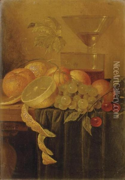 A Peeled Lemon, An Orange, 
Peaches, White Grapes And Cherries Near Glassware On A Partially Draped 
Table Oil Painting - Jan Davidsz De Heem
