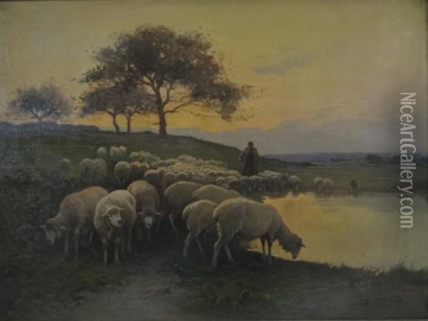 Berger Et Ses Moutons Au Crepuscule Oil Painting - Dominique-Adolphe Grenet de Joigny