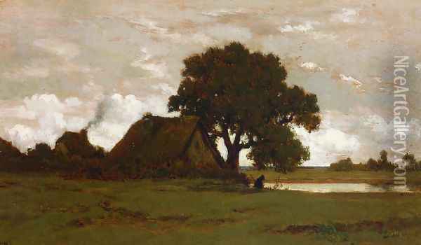 Cottages near a Pond Oil Painting - Etienne-Pierre Theodore Rousseau