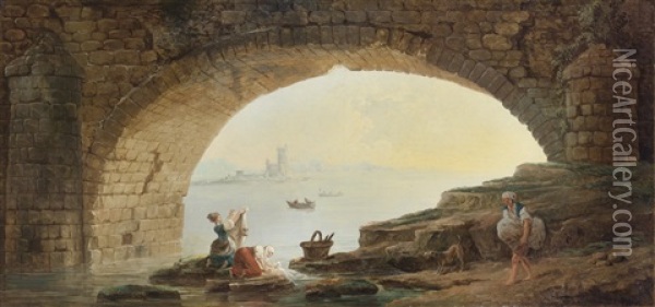 L'arche D'un Pont Avec Des Lavandieres Oil Painting - Hubert Robert