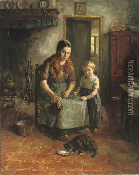 Feeding The Kitten Oil Painting - Baruch Lopez De Leao Laguna