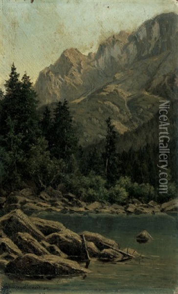 Gebirgsbach (+ Bergsee; 2 Works) Oil Painting - Georg Hermann Engelhardt