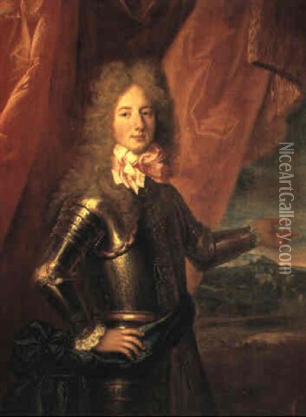 Portrait Of Charles Edward Prince Of Wales Pointing To A Town Oil Painting - Hyacinthe Rigaud