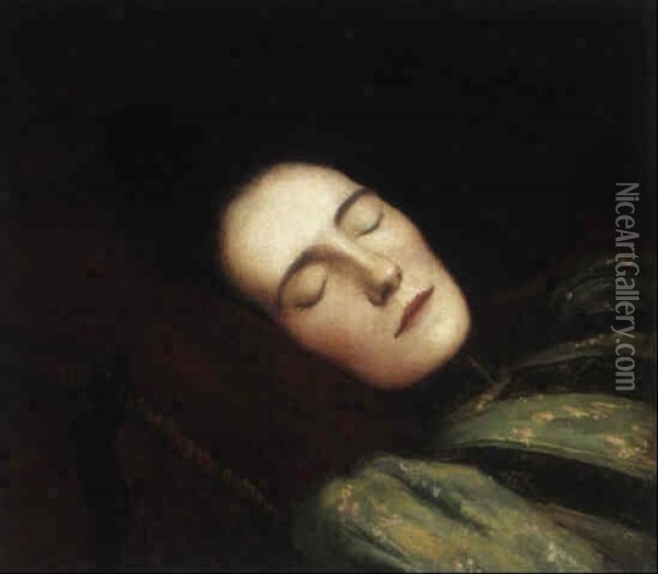 Lady Sleeping With Head Resting On A Red Velvet Cushion Oil Painting - Kenneth Frazier