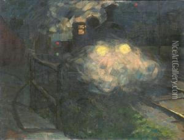 A Locomotive At Night Oil Painting - Hermann Pleuer