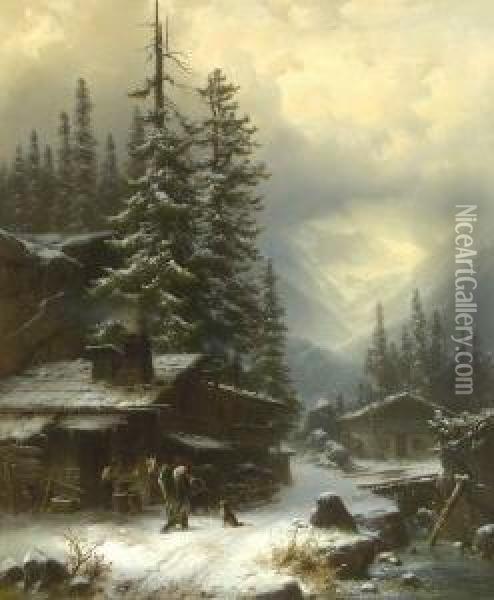 Hufschmiede In Winterlicher
 Gebirgslandschaft. Oil Painting - Heinrich Hofer