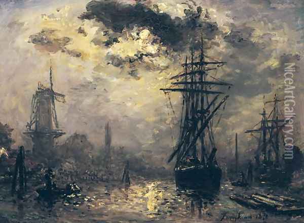View of the Port, or The Windmills in Rotterdam, 1870 Oil Painting - Johan Barthold Jongkind