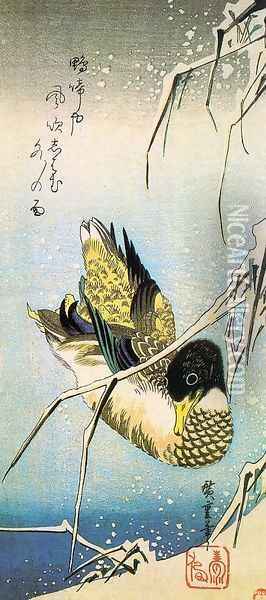 Reeds in the Snow with a Wild Duck Oil Painting - Utagawa or Ando Hiroshige