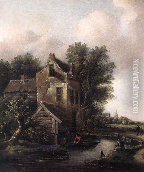 A fisherman in a rowing boat on a moat by a fortified mansion, peasants on a sandy track nearby Oil Painting - Claes Molenaar (see Molenaer)