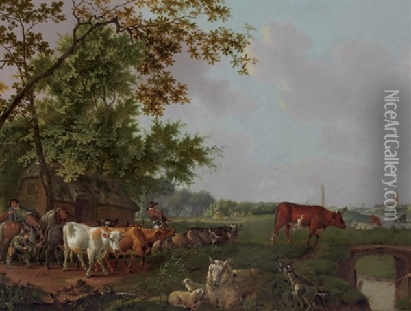 An Extensive Landscape With Drovers, Cattle, Sheep And A Distant View Of Bruge Oil Painting - Barend Hendrik Thier