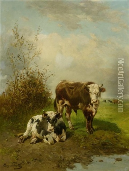 Zwei Kuhe Am Wasser Oil Painting - Paul Schouten