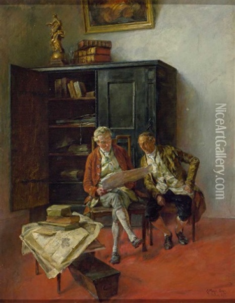 Zwei Bibliophile Studieren Eine Urkunde. Meisterlich Charakterisiert Oil Painting - Carl Mayr-Graetz
