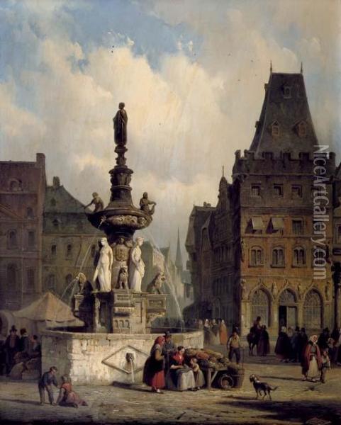 The Fountain On The Hauptmarkt, Trier Oil Painting - Cornelis Springer