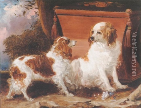 Two Brown And White Spaniels Beside A Velvet Covered Box Stool In A Landscape Oil Painting - Sir Edwin Henry Landseer