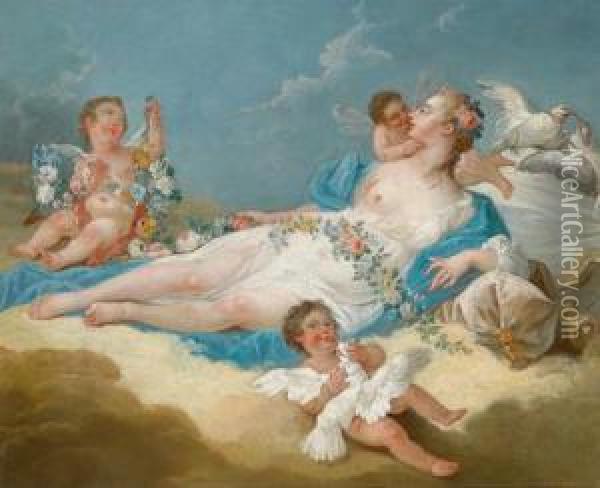 Auf Wolken Ruhende Venus Mit Amoretten Oil Painting - Charles Dom. Joseph Eisen