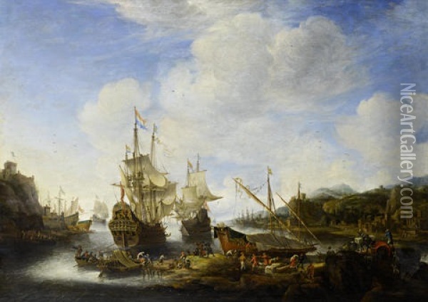 A Capriccio View Of A Port With Vessels And Stevedores Unloading Cargo Oil Painting - Jan Abrahamsz. Beerstraten