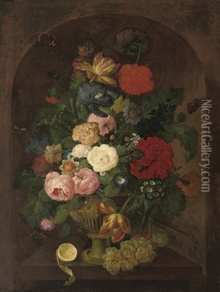 Roses, Poppies, Tulips, Primula, Convolvulus And Other Flowers In An Urn, With A Partly-peeled Lemon And Grapes Oil Painting - Franz Xaver Petter