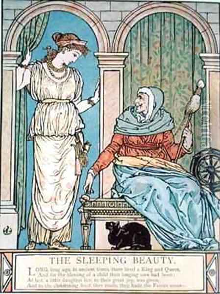 The Princess and the old woman with the spinning wheel Oil Painting - Walter Crane