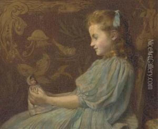 Portrait Of A Girl, Seated 
Half-length, In A Blue Dress, Holding Adoll, In An Art Nouveau Interior Oil Painting - John William Schofield