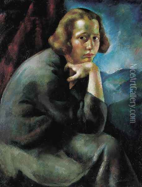Girls Portrait Thinker; Contemplation c. 1923 Oil Painting - Erzsebet Korb