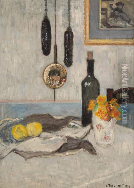 La Table Garnie Sur Fond De Pendule Oil Painting - Louis Thevenet