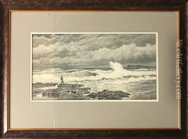 Lone Fisherman And Rocky Coast Oil Painting - James Waltham Curtis