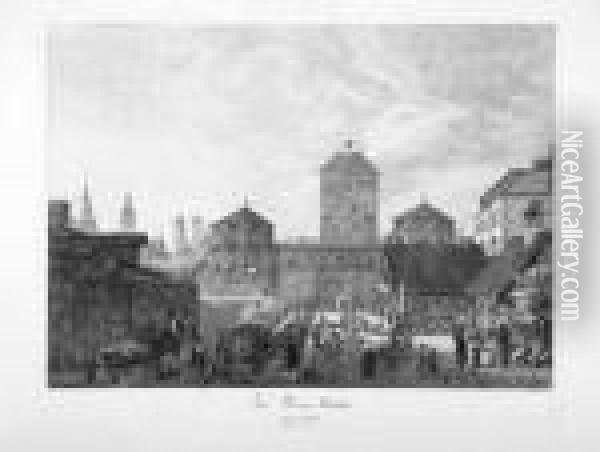 Marktplatz Zu Munchen - Isarthor Zu Munchen, Erbaut Um Oil Painting - Domenico Quaglio