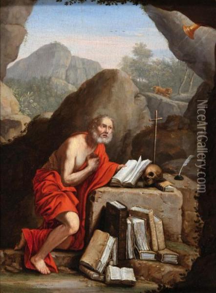 Hilly Landscape,in The 
Foreground Saint Jerome Kneeling In Front Of A Stone Altarwith A Skull 
And Some Books Oil Painting - Domenico Zampieri (Domenichino)