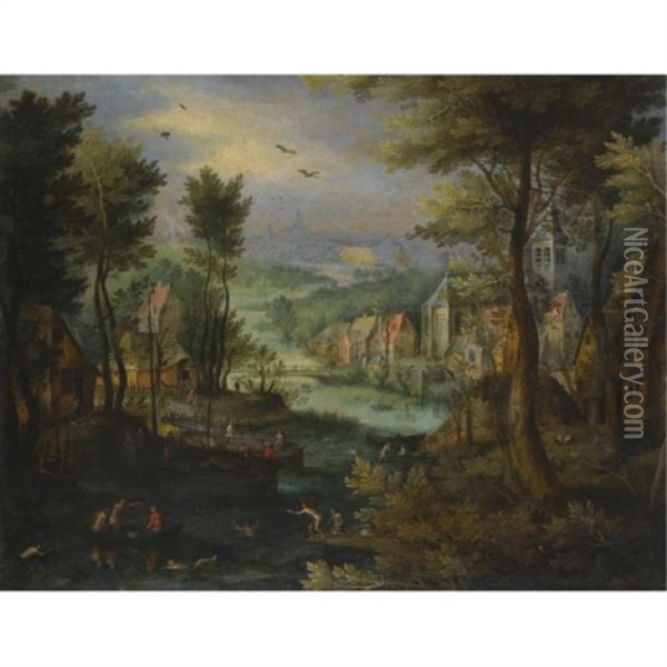A River Landscape With Figures Bathing And A Village Beyond Oil Painting - Jan Brueghel the Elder