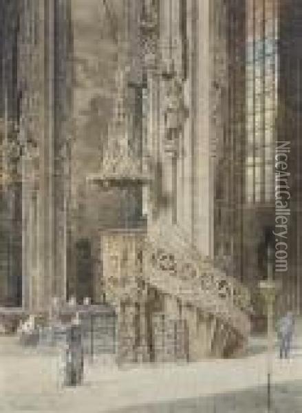 A Church Interior With A Gothic Pulpit Oil Painting - Franz Alt