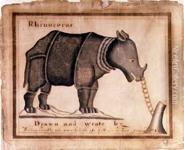 Rhinoceros, drawn and wrote by William Twiddy who never had the use of hands or feet, June 1st 1744 Oil Painting - William Twiddy