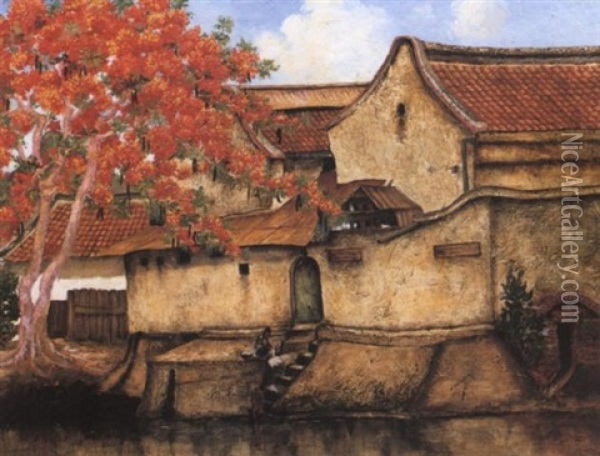 Chinese District In Oil Batavia Oil Painting - Ernst Agerbeek