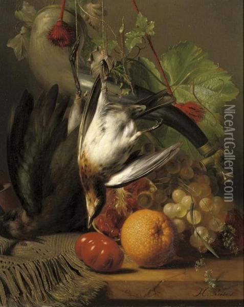 Fruit And Poultry On A Ledge Oil Painting - Johannes Jun Reekers