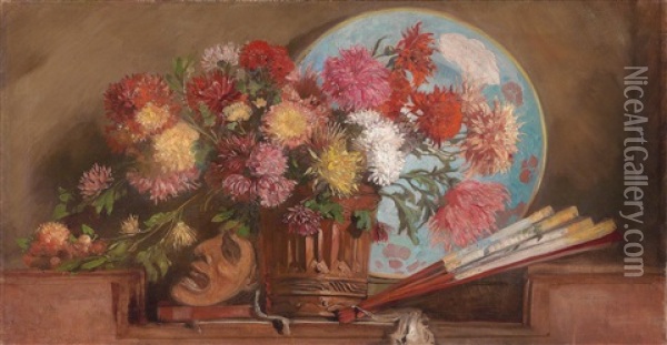 Astern In Vase Bzw. Dahlien Mit Facher Und Maske  (dreiteilige Wandvertafelung Einer Bibliothek) Oil Painting - Hugo Charlemont