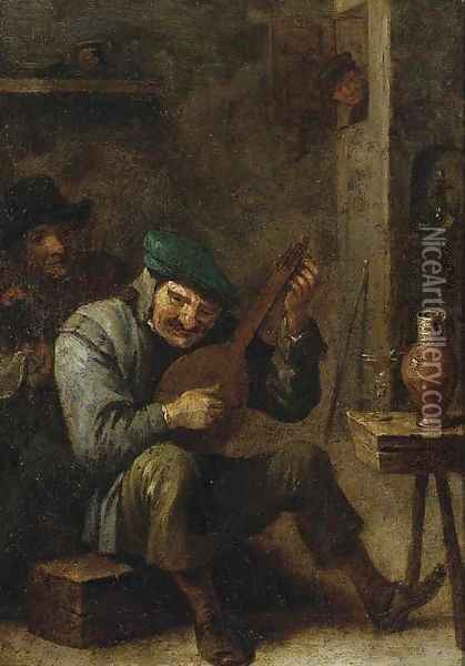 Peasants making music in an interior, with a roemer of wine on a stool Oil Painting - David The Younger Teniers
