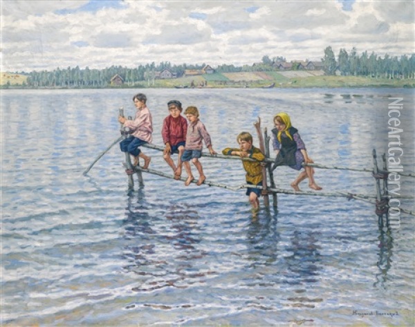 Children At A Lake In Lettgallia Oil Painting - Nikolai Petrovich Bogdanov-Bel'sky