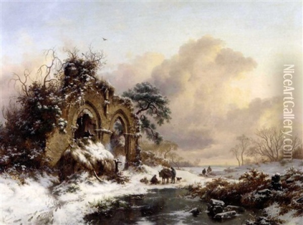 Winter Landscape With Figures In Brederode, Near Haarlem Oil Painting - Frederik Marinus Kruseman