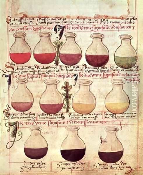 Series of flagons for urine analysis, from 'Tractatus de Pestilencia' Oil Painting - M Albik